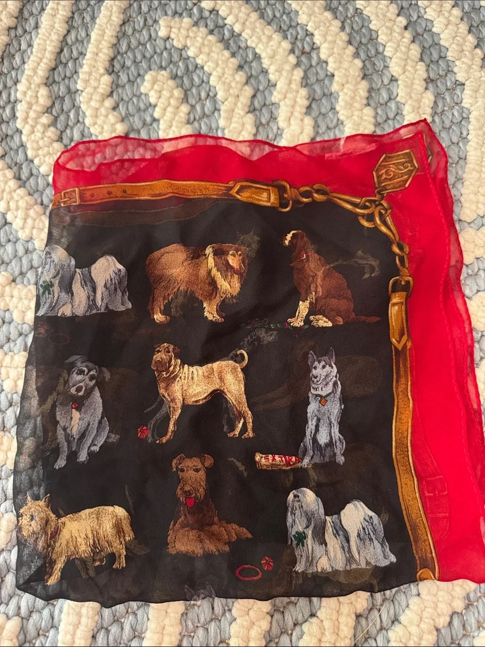 Vintage Dog Novelty Print Scarf 20x20 Red Black Silky